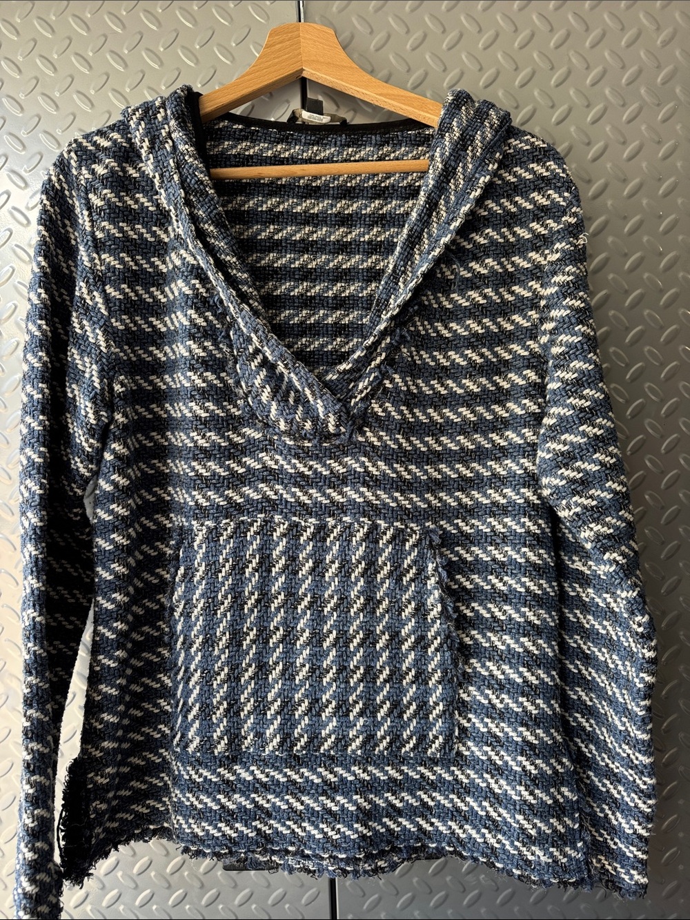 Rachel Zoe Blue and White Hooded Knit Poncho Sweater